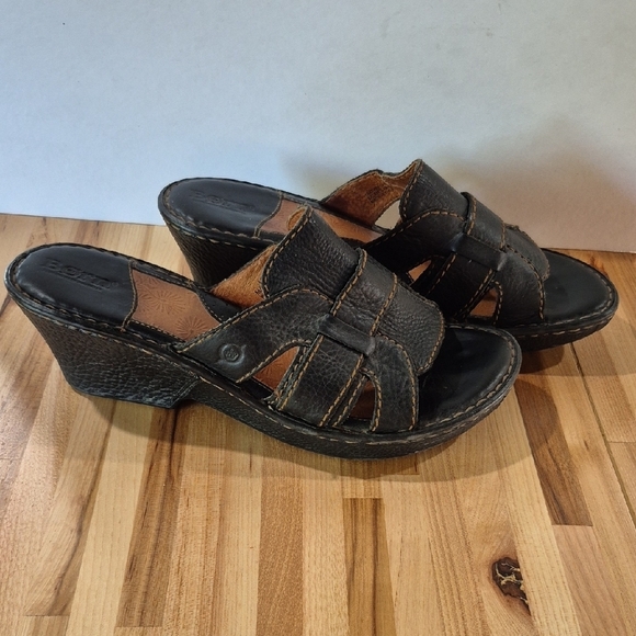 Born Dark Brown Leather Slip On Wedge Sandals - Picture 5 of 9
